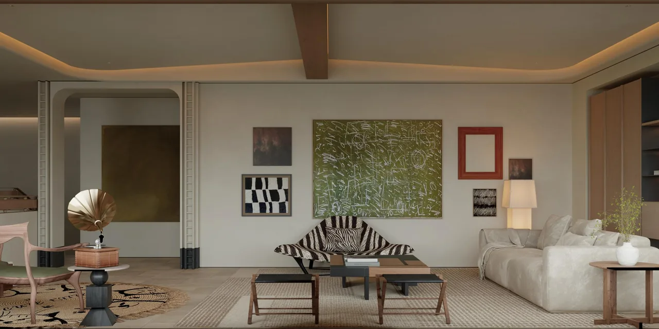 Open-plan living room with full-height timber joinery and a stone fireplace surround